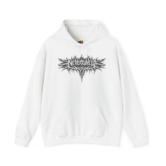 NeverGiveUp Black Metal Logo Hoodie | Dark Knight Back Graphic