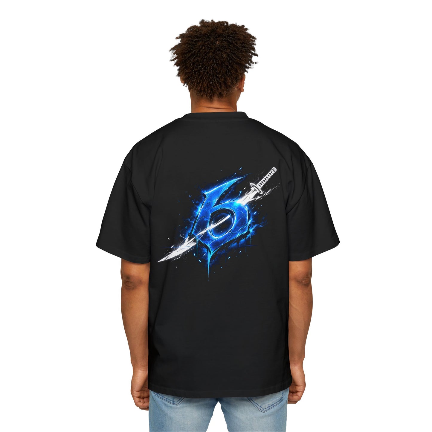 Anime Samurai Tee — Blue Flame Swordsman Graphic Oversized T-Shirt