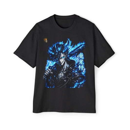Anime Samurai Tee — Blue Flame Swordsman Graphic Oversized T-Shirt