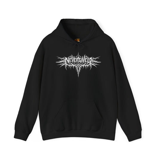 NeverGiveUp Black Metal Logo Hoodie | Dark Knight Back Graphic