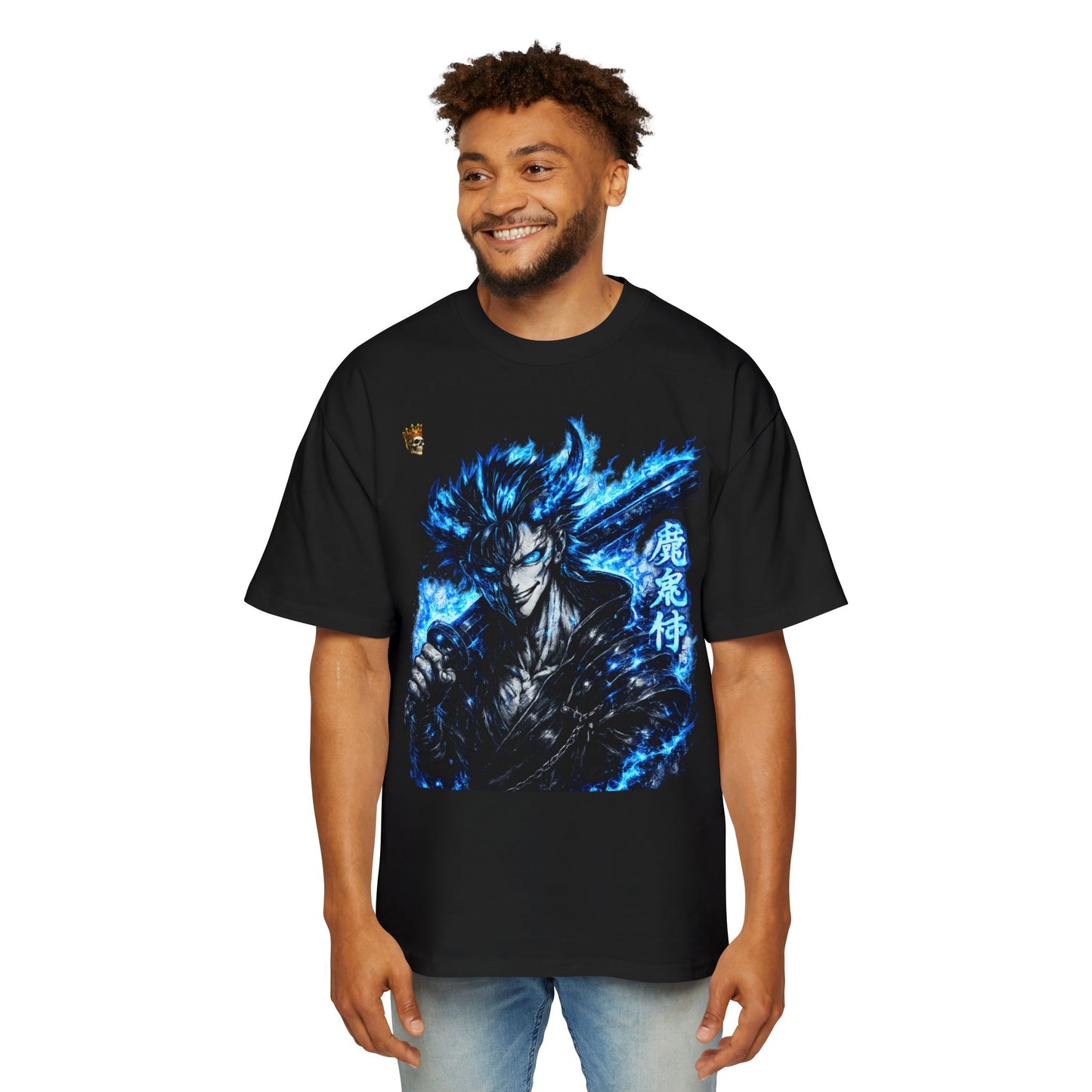 Anime Samurai Tee — Blue Flame Swordsman Graphic Oversized T-Shirt