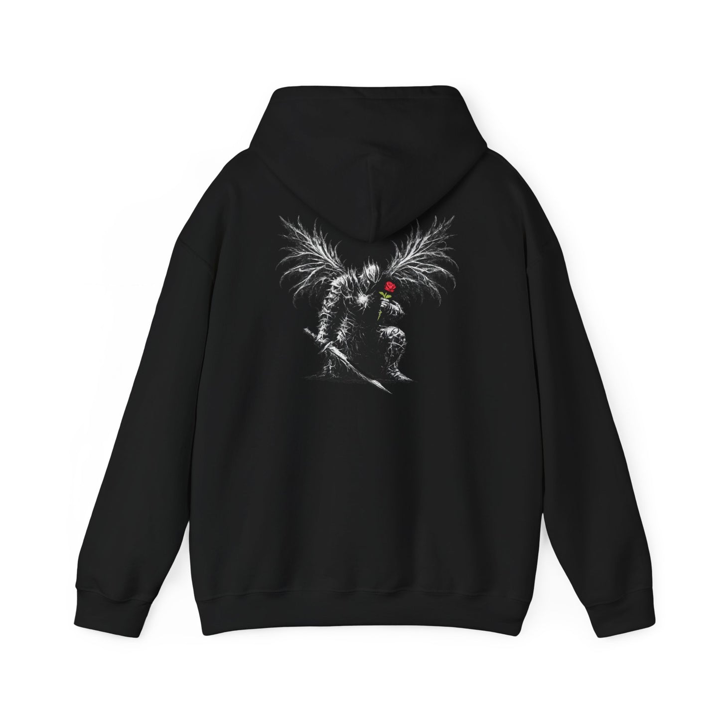 NeverGiveUp Black Metal Logo Hoodie | Dark Knight Back Graphic