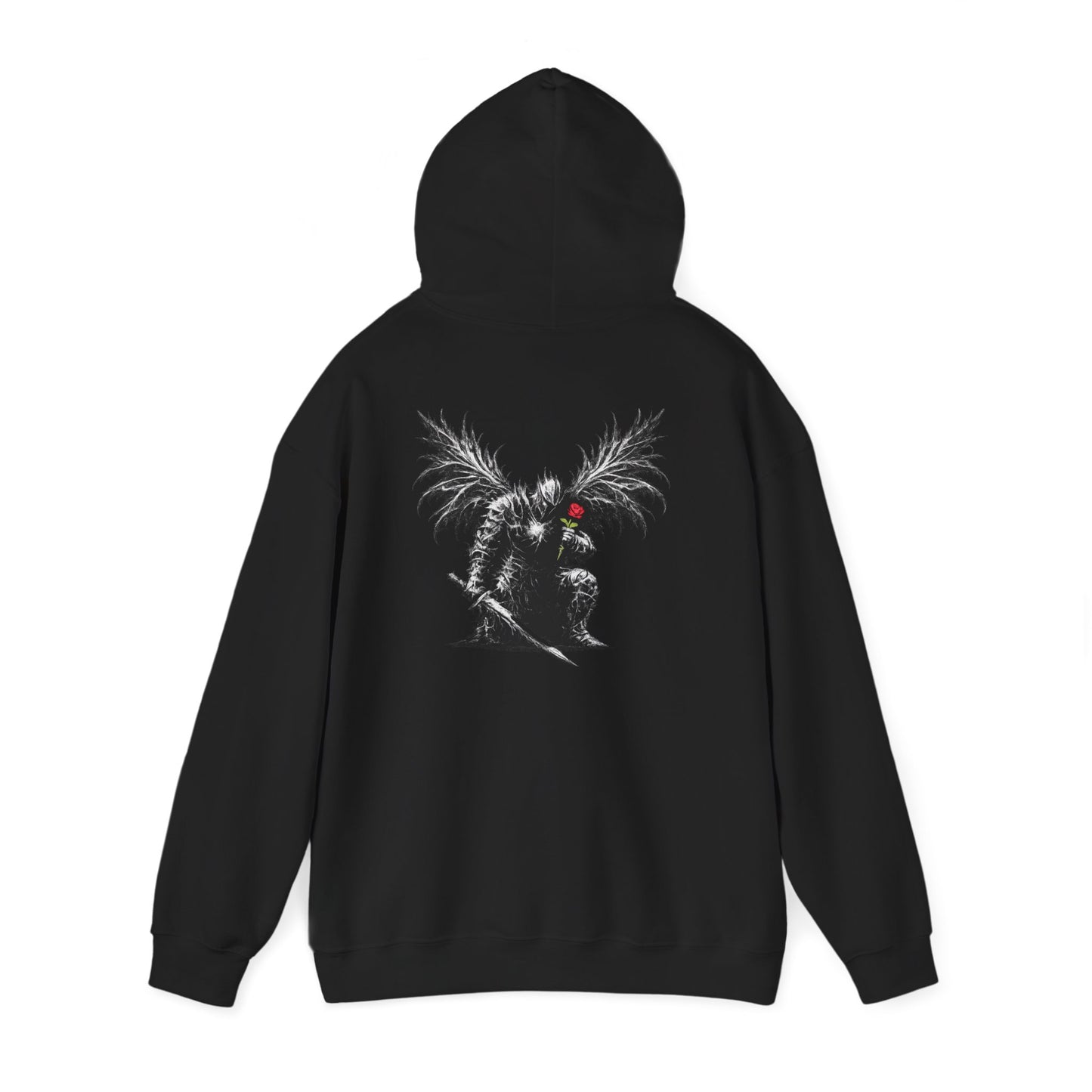 NeverGiveUp Black Metal Logo Hoodie | Dark Knight Back Graphic