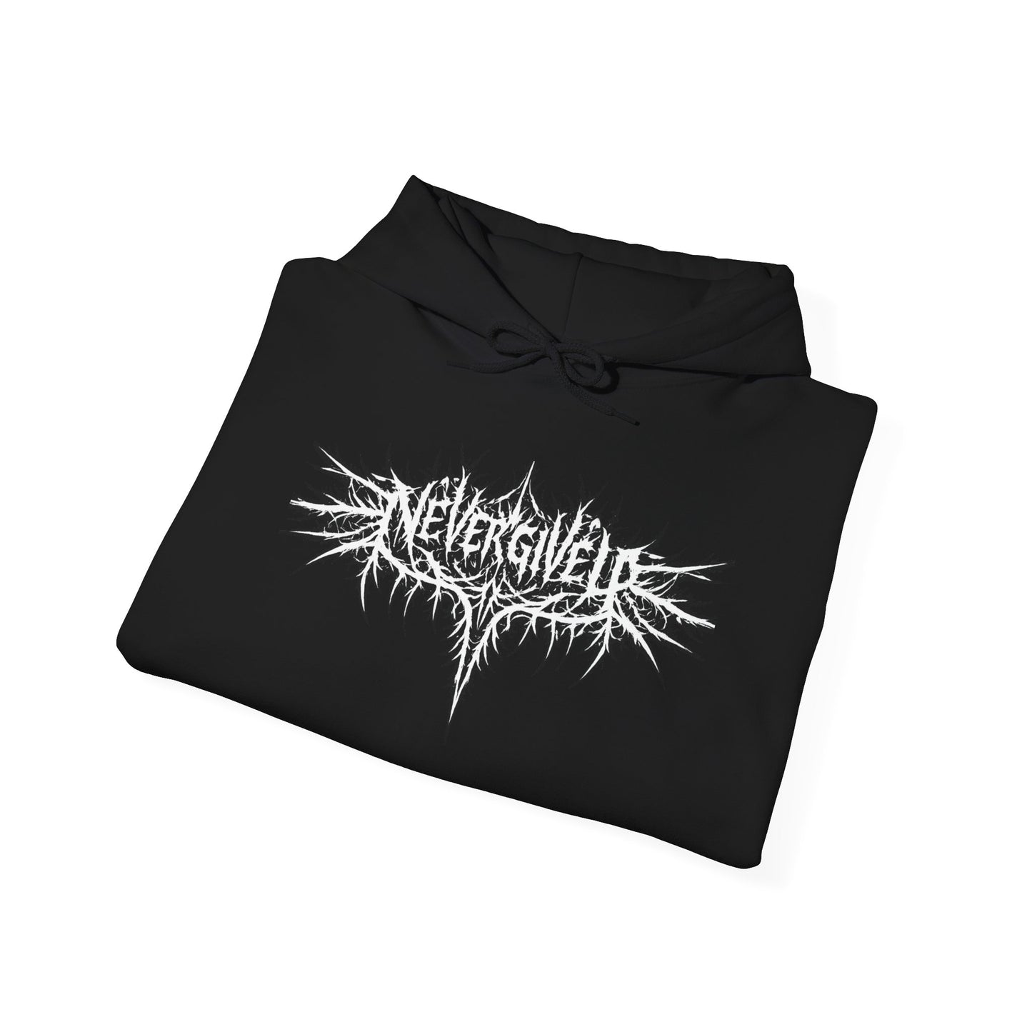 NeverGiveUp Black Metal Logo Hoodie | Dark Knight Back Graphic