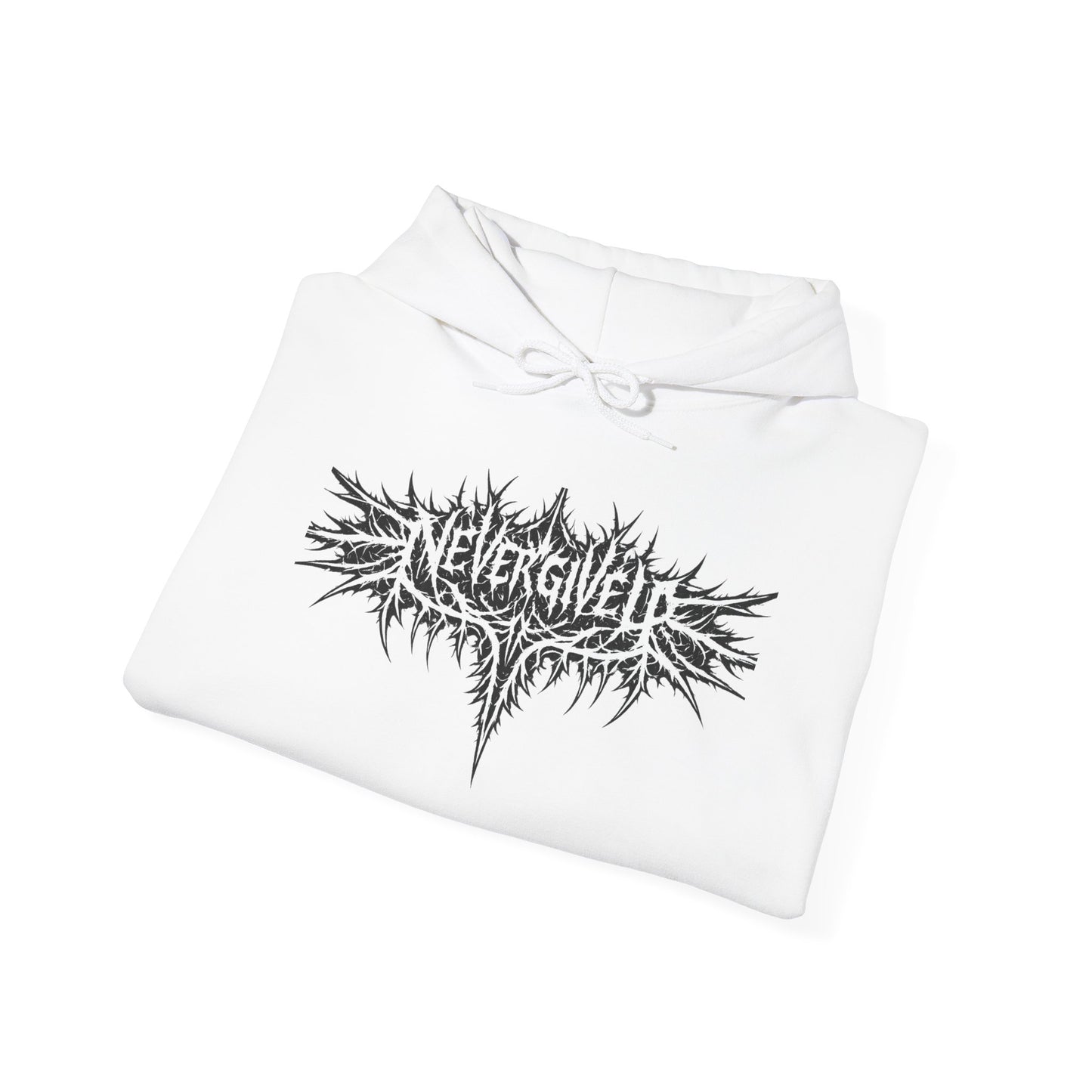 NeverGiveUp Black Metal Logo Hoodie | Dark Knight Back Graphic